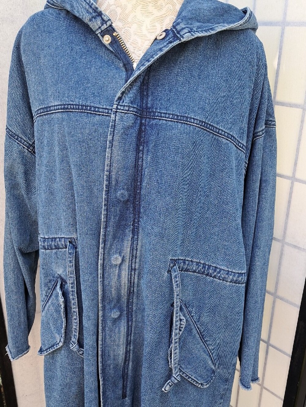 Forever 21 Womens Blue Denim Jean Hooded Long Jacket Size L - Picture 5 of 12